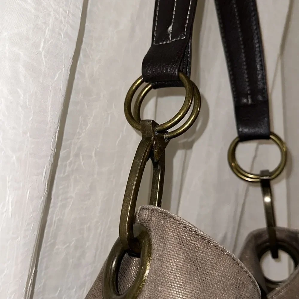 Braciano Metallic Canvas Tan Brown Leather Combo Hobo Shoulder Bag Purse
